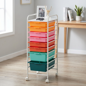 Carrito de Almacenamiento con 10 Cajones de Plástico Coloridos, Organizador con Ruedas para Oficina y Hogar, Diseño Minimalista, Fácil de Limpiar - Product Image 1