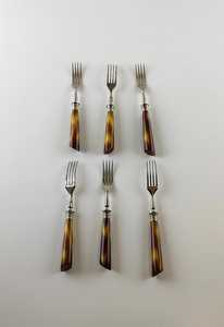 Retro Solingen Steel <b>Forks</b> (6 pcs) with Tortoiseshell‑Style Handles in Original Box, Solingen metal <b>forks</b> with horn re - Product Image 2