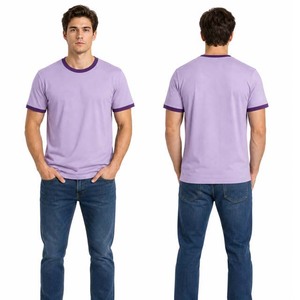 T-shirt violet à col rond pour homme, coupe classique, en jersey de coton, couleur unie, avec bordure contrastante - Product Image 4