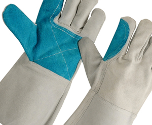 Leather Welding <b>Gloves</b> with Cotton Lined Blue Palm Reinforcement Inset Thumb Gray Cuff for TIG MIG Use - Product Image 3