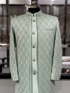 Sherwani de Seda Bordado en Verde Menta, Cuello Mandarín, Manga Larga, Ropa Formal, Diseño Tradicional, Cierre de Botones - Product Image 2