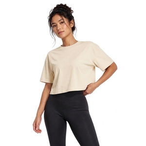 T-shirt court en jersey de coton 100% pour femme, couleur unie, col rond, manches courtes, coupe ample, style décontracté, printemps-été - Product Image 1