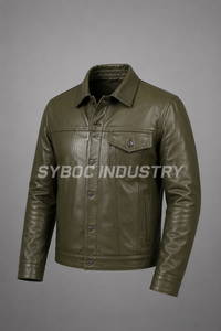Veste en cuir d'agneau pour homme, style trucker, noir, marron et olive, avec devant à boutons-pression, poches poitrine à rabat, détail plissé. - Product Image 3