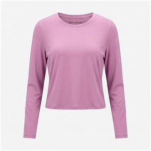North Approach Women's Long Sleeve Crop <b>Top</b> Crew Neck Solid Pink Quick Dry Yoga Sportswear - Product Image 1