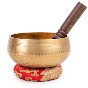 Bol chantant en laiton fait main avec marteau en bois et coussin décoratif Om, bol sonore tibétain pour la méditation et le yoga - Product Image 5
