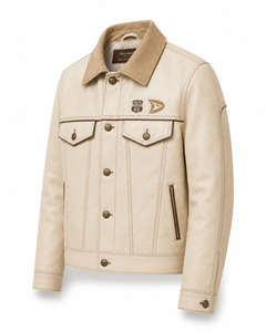 Veste en cuir pour homme Cream Desert, col rabattu, patch brodé Route 66, style décontracté pour l'automne - Product Image 3