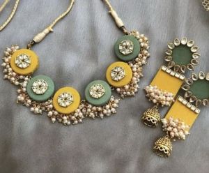 handmade green yellow fabric kundan necklace earrings <b>set</b> traditional wedding haldi mehendi pearl beaded <b>indian</b> ethnic <b>jewellery</b> - Product Image 2