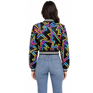 Chaqueta Bomber con Estampado Geométrico para Mujer, Ropa de Otoño, Manga Larga, Cierre de Cremallera, Cuello Camisero, Material de Poliéster, Corte Corto - Product Image 5