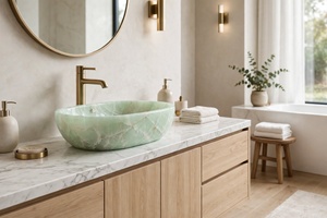 Lavabo de ónix natural verde tallado con vetas doradas para baño moderno - Product Image 3