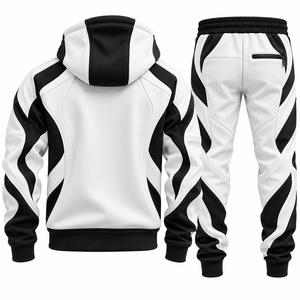 <b>Men's</b> Black <b>White</b> Color Blocking Hooded Tracksuit Full Zipper Sporty <b>Joggers</b> Set Breathable Polyester Cotton Autumn Wear - Product Image 2