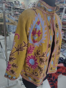 <b>Yellow</b> Embroidered Velvet Women's Winter <b>Coat</b> Regular Handmade Woven Cotton Boho Stripe Linen Lining Breathable Eco-Friendly - Product Image 4