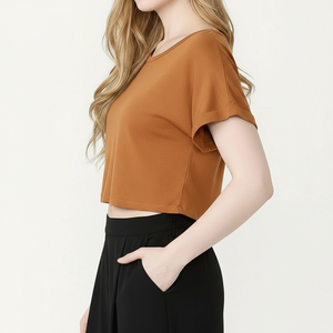 Crop <b>Top</b> Beach Wear Short Sleeve Lightweight Breathable Loose Fit Round Neck Custom OEM Wholesale Manufacturer - Product Image 1