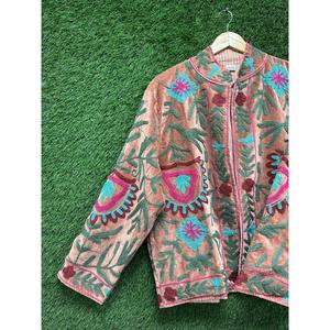 Luxury Bohemian Suzani Embroidery <b>Jacket</b> for <b>Women</b> Stand Collar Pink Floral Thread Work Handmade <b>Velvet</b> Designer <b>Jacket</b> - Product Image 5