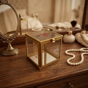 Artisan Design Square Glass Mirror Jewelry <b>Box</b> <b>Floral</b> Lid Brass Frame Minimalist Modern Design B66b Vanity Storage Decorative - Product Image 5