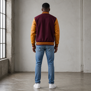 Veste universitaire pour homme de couleur marron avec manches en PU beige, fermeture à boutons, vêtement décontracté pour l'automne, coupe classique - Product Image 3