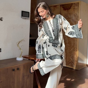 Magnifique ensemble Kurti Palazzo en soie rayonne Butti avec broderie point de chaînette, prêt-à-porter, tenue ethnique pour femmes - Product Image 4