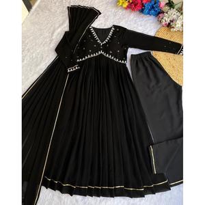 ATRACTIVE GEORGETTE MOTI TRABAJO A MANO ALIA CUT GON BOTTOM CON DUPATTA NEGRO - Product Image 5