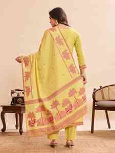 <b>Women</b> Traditional Cotton <b>Kurta</b> Pant Dupatta Set With Hand Drawn Print Yellow Color Regular Fit Casual Wear India <b>Kurta</b> Set - Product Image 4
