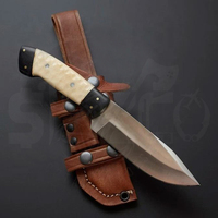 Couteau de chasse artisanal OEM personnalisé en acier D2, couteau à lame fixe avec manche en os pour le camping, l'extérieur et l'EDC, avec étui en cuir, idéal comme cadeau