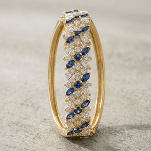 Gold Color Sapphire and Lab Created Diamond Open Bangle <b>Copper</b> Electroplated Floral <b>Bracelet</b> for Women - Product Image 2