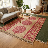 Handgefertigter Jute-Teppich Rechteckig mit Blumenmuster Moderner Stil Rutschfester Wohnzimmerteppich Natürliches Rosa Design Niedriger Flor 8mm