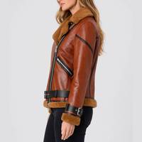 Veste de moto en peau de mouton respirante surdimensionnée Blanche Rusty Brown avec cuir véritable - Veste en cuir marron