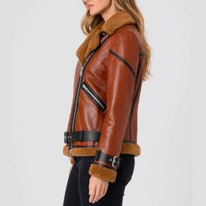 Veste de moto en peau de mouton respirante surdimensionnée Blanche Rusty Brown avec cuir véritable - Veste en cuir marron - Product Image 2