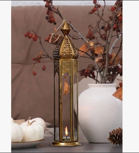 Lanterne décorative de table en métal doré, haute et fine, faite à la main, imprimée UV, style marocain, avec découpes, pour bougie chauffe-plat, décoration intérieure et événements - Product Image 3