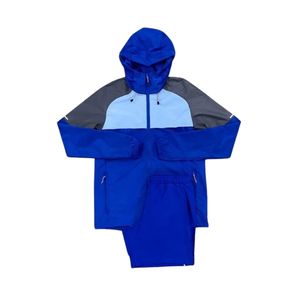 Ensemble de survêtement à capuche pour homme, manches longues, short léger, coupe-vent, sportif, color block bleu-gris, idéal pour le printemps - Product Image 6
