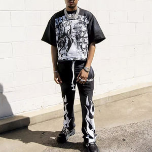 Custom <b>Mens</b> Cropped Sweatsuit Sun Faded Acid Wash Tracksuit Jogging T Shirt Set Streetwear Two Piece Outfit - Product Image 2