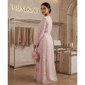 Abaya rose brodée ODM pour femmes musulmanes, robe longue à manches longues, ornée de perles, idéale pour les festivals et les mariages - Product Image 2