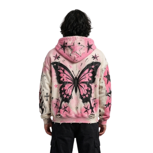 Sudadera con capucha de forro polar color rosa empolvado y crema, con estampado de mariposas premium, cierre frontal con cremallera, bolsillos laterales, capucha con cordón ajustable y hombros caídos, cálida. - Product Image 2