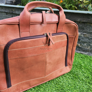 Reddish Brown <b>Leather</b> <b>Laptop</b> <b>Bag</b> Luxury Style Dual Handles Front Zipper Pocket Durable Messenger <b>Bag</b> For Business Travel - Product Image 2