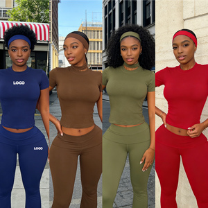 Ensembles pour femmes avec logo personnalisé, ensemble deux pièces, haut à manches courtes et pantalon long avec bandeau, ensembles de vêtements de sport décontractés de couleur unie pour femmes - Product Image 3