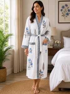 Vestido Maxi Blanco Vintage de Verano con Bordado Floral, Transpirable, 100% Algodón Tejido, Manga Larga, Cuello en V, con Cinturón, Estilo Casual, Corte en A, para Estar en Casa - Product Image 2