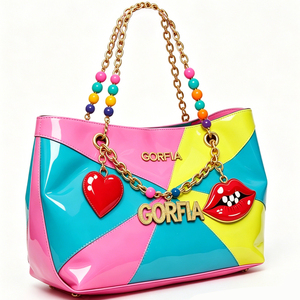 Bolso de Mano GORFIA de Cuero Sintético Colorido, Estilo Pop Art, con Cadenas de Cuentas y Asa de Transporte, Bolsas para Mujer - Product Image 1