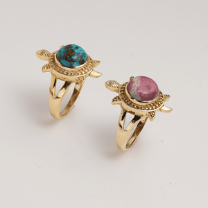 Natural <b>Turquoise</b> Brass Turtle <b>Ring</b> Pink Stone Bezel Set Bohemian Cocktail <b>Ring</b> Unisex Daily Wear Shopping Everyday <b>Ring</b> - Product Image 3