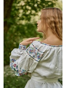 <b>Women</b> Summer Dresses Boho <b>White</b> Embroidered Midi Dress <b>Women</b> Lantern Sleeve High Waist Tie <b>Belt</b> A-Line Casual Summer Dress - Product Image 2