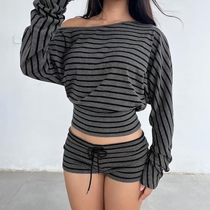 Women's Striped Knitted Crop <b>Top</b> And Shorts Set Off Shoulder Sleeveless Drawstring Waist Blue White Two Piece Outfit - Product Image 4