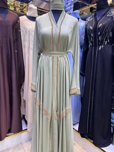 Wholesale Modest Dubai Beaded Sequined <b>Long</b> Sleeve Abaya Muslim Traditional Handmade Wedding Women Breathable V Neck - Product Image 5