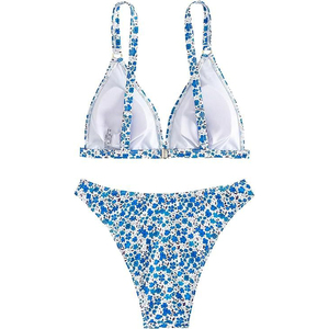 Blue Floral 2 Piece Set Woven Halter Ladies Swimsuit High Waist <b>Tummy</b> <b>Control</b> Digital Print Athletic Performance Surfing Wear - Product Image 4