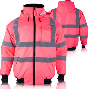 Reinforced Stitched Zipper Up Stand Collar Detachable Hood Safety <b>Jacket</b> With <b>Reflective</b> Stripes For Unisex <b>Men</b> Women - Product Image 4