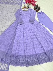 Salwar Kameez pour femmes, violet, brodé, longueur au sol, coupe ample traditionnelle, polyester, tenue de mariage, Inde, Pakistan - Product Image 5