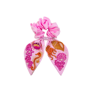 Hot Selling Wholesale Custom Seed-Beaded Scrunchies with Long Ribbon Tails Shell Coral and Pearl Embellishments Elegant Fashion - Product Image 5