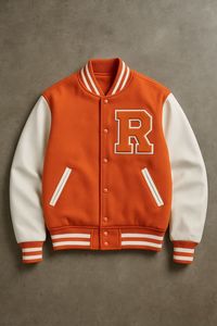 Veste universitaire orange pour homme avec manches blanches, logo R brodé, streetwear, coupe classique, hiver, écologique, imperméable, épaisse - Product Image 3