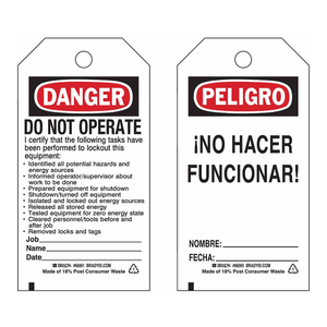 Étiquettes de verrouillage de sécurité en polypropylène durable, 5,75 po (H) x 3 po (L), pour la sécurité des équipements, par Brady - Product Image 1