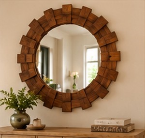 Retro Rustic Round Glass and Wood <b>Wall</b> <b>Mirror</b> Decorative for Living Room Entryway Corridor - Product Image 1
