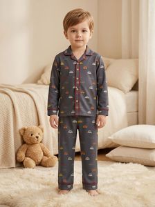Pijamas de algodón con estampado de coches para bebés, manga larga, cuello vuelto, cierre de botones, ropa de otoño para bebés y niños pequeños - Product Image 1