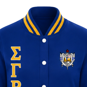 เสื้อแจ็คเก็ตวาร์ซิตี้สีน้ำเงินรอยัล ตัวอักษรกรีกสีทอง แถบลายริบบิ้น ปักลายตราสัญลักษณ์ กระดุมแป๊ก เสื้อโค้ทเบสบอลแบบวิทยาลัย - Product Image 2