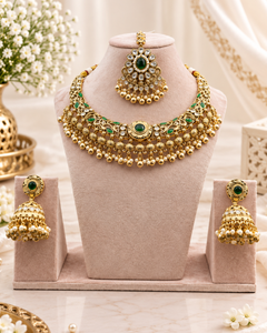 Gold Plated Collar Necklace With Jhumka Earrings & Mang Tika Wholesale Traditional <b>Indian</b> Jewelry <b>Set</b> Bridal Copper Jewelry <b>Sets</b> - Product Image 2